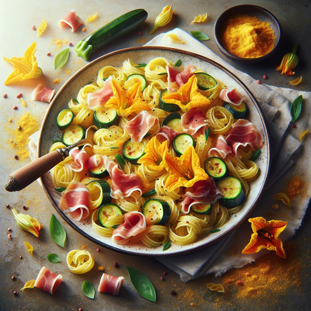 Pasta con flores de calabaza, jamón y azafrán