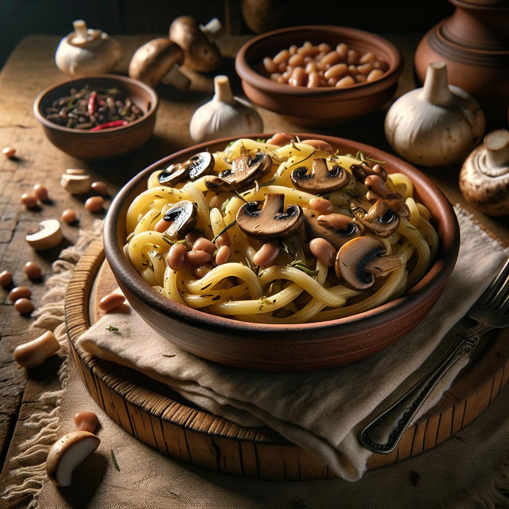 Pasta con champiñones y alubias