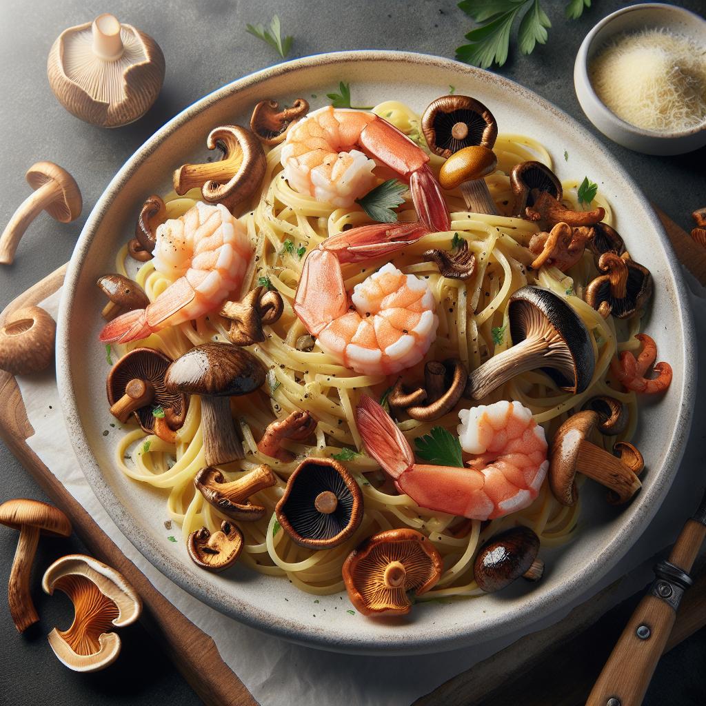 Pasta con champiñones, gambas y salmón