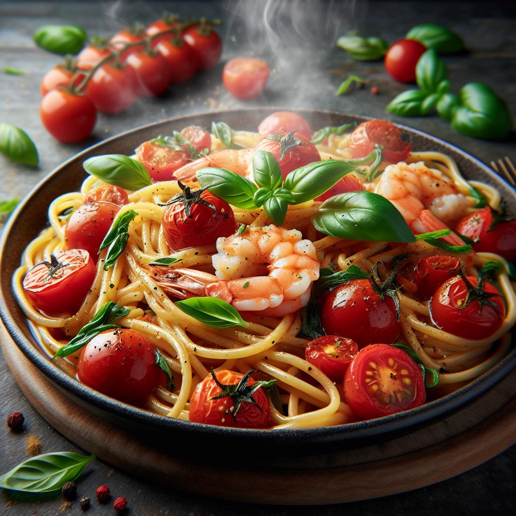 Pasta con gambas y tomates cherry