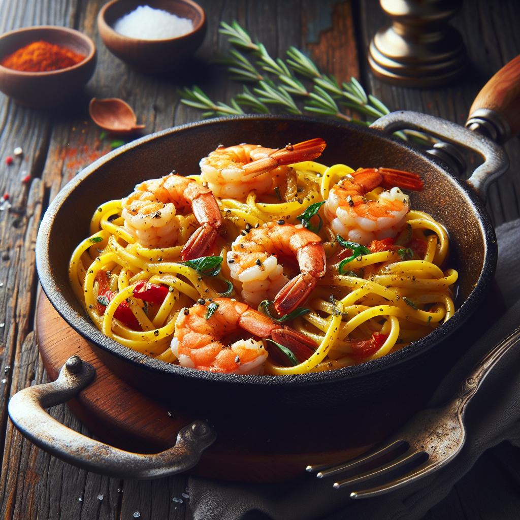 Pasta con gambas y azafrán