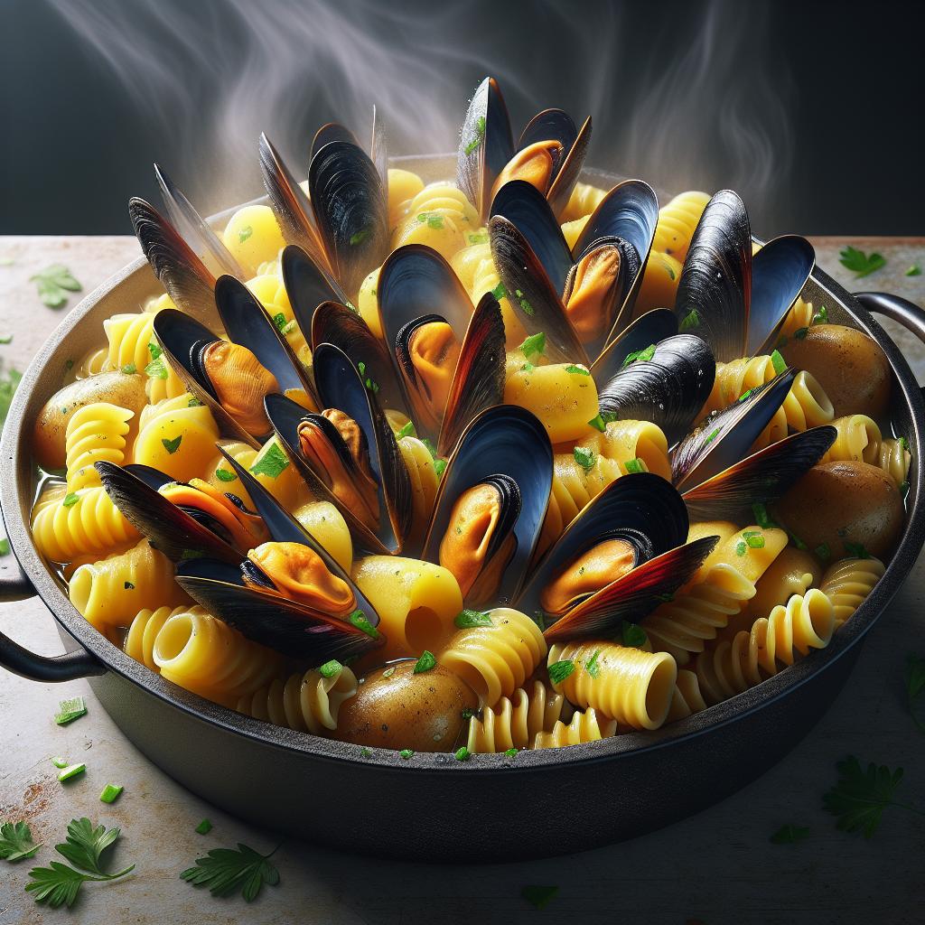 Pasta con patatas y mejillones