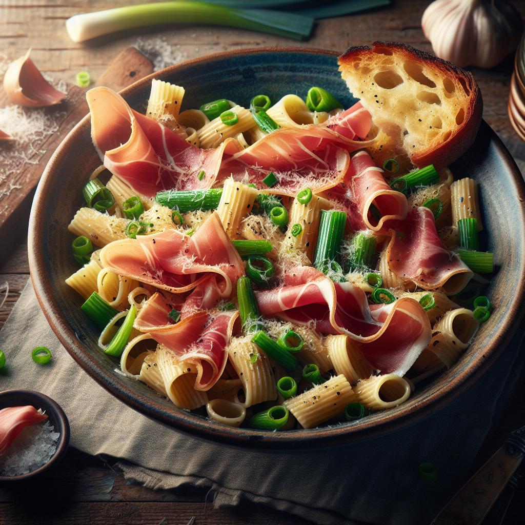 Pasta con puerros y jamón cocido