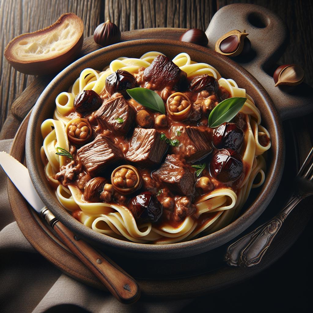 Pasta con ragú de cordero y castañas