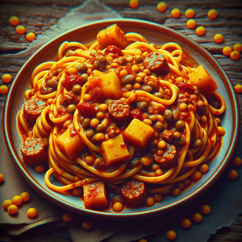 Pasta con ragú de lentejas y calabaza