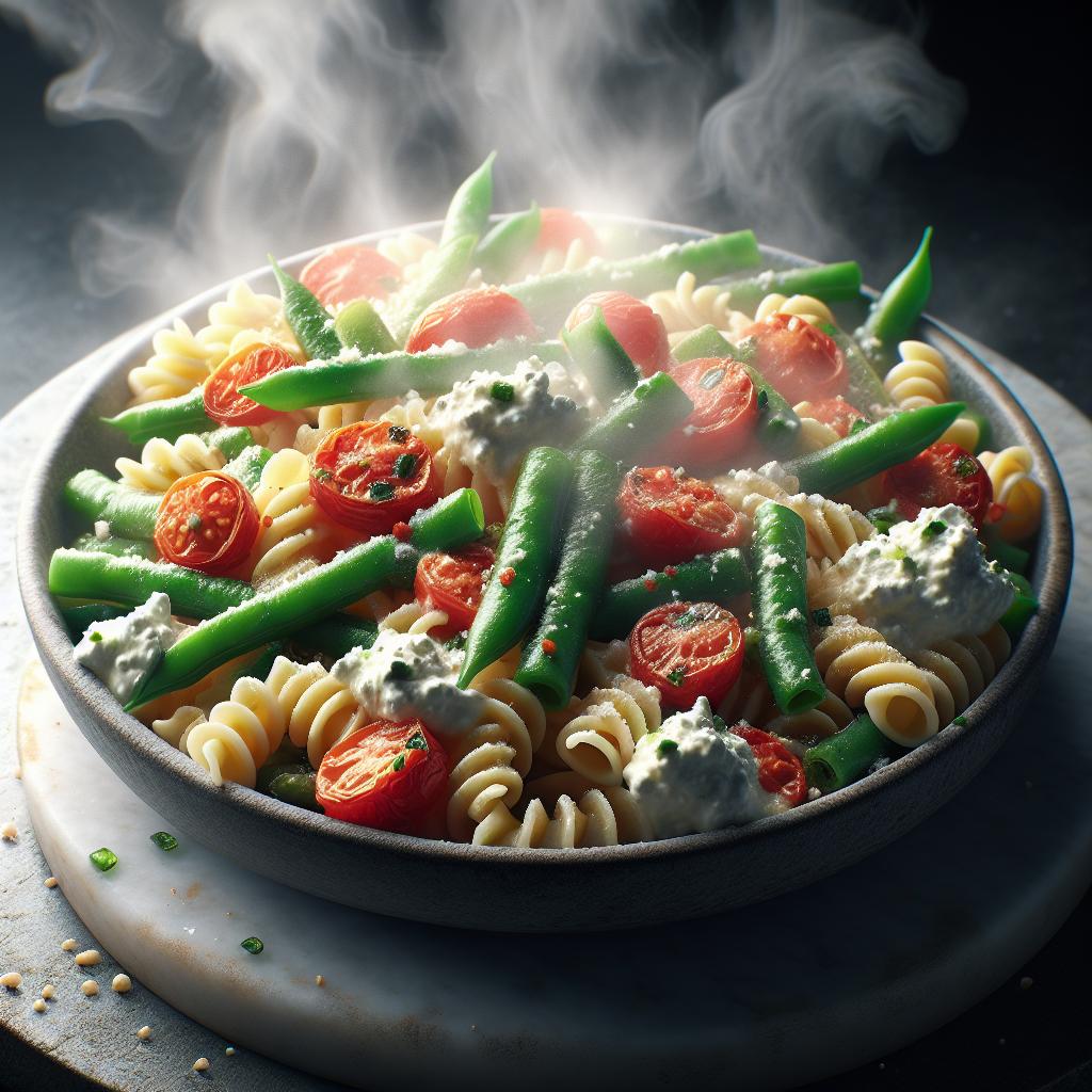 Pasta con ricotta, judías verdes y tomates frescos