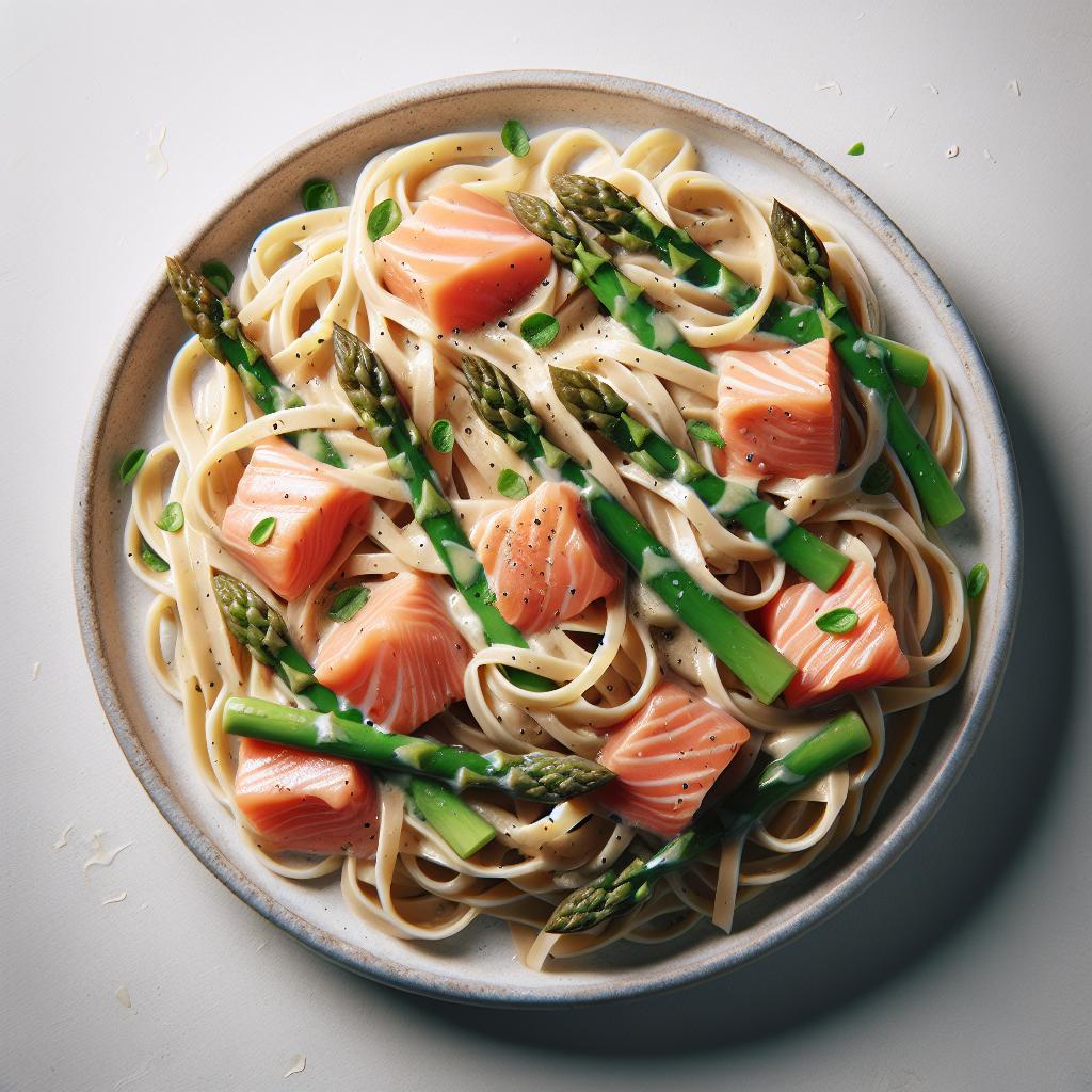 Pasta con salmón ahumado y espárragos