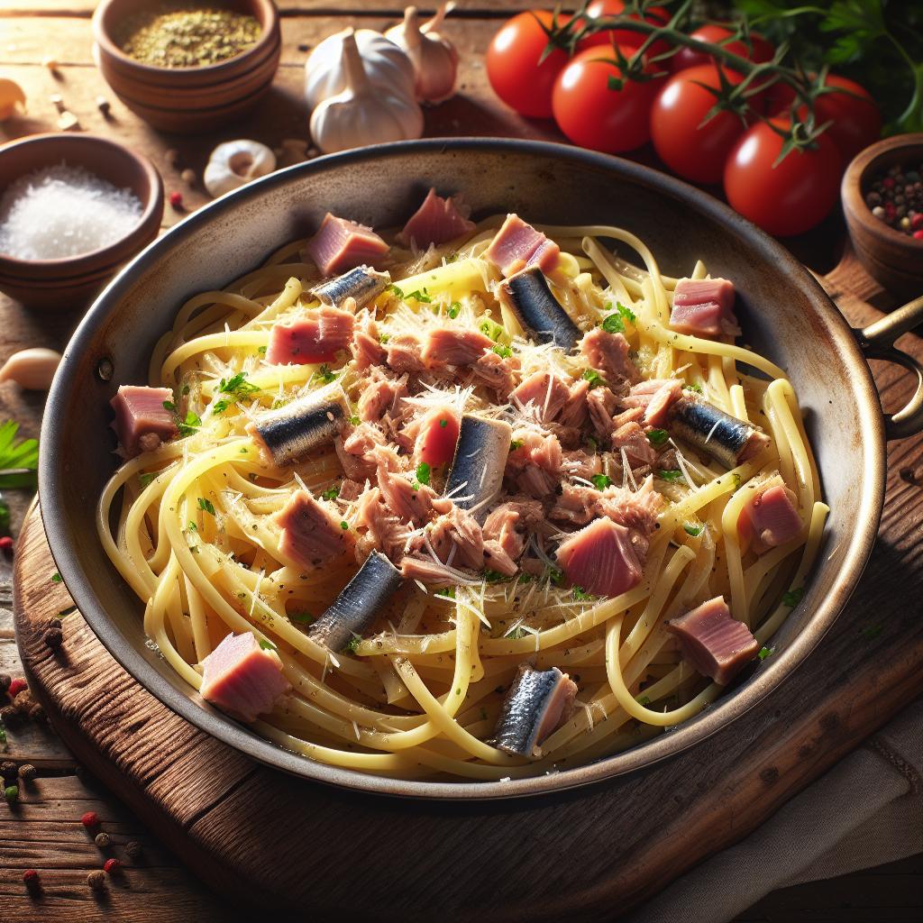Pasta con atún, anchoas y bottarga