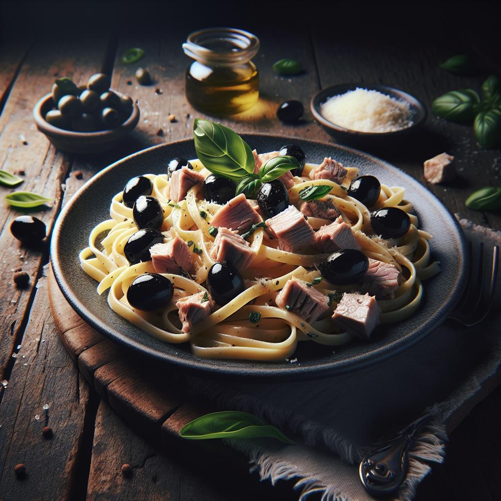 Pasta con atún y aceitunas negras
