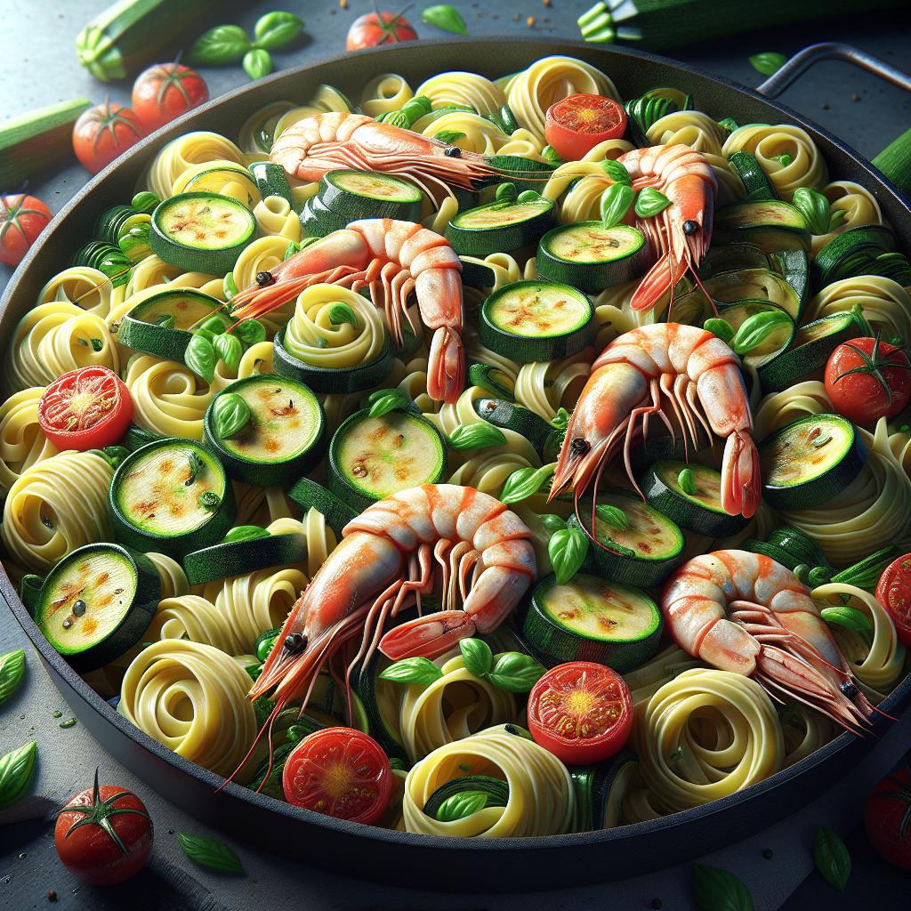 Pasta con calabacines, gambas y tomates cherry