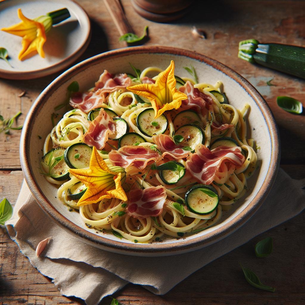 Pasta con calabacines en flor y speck