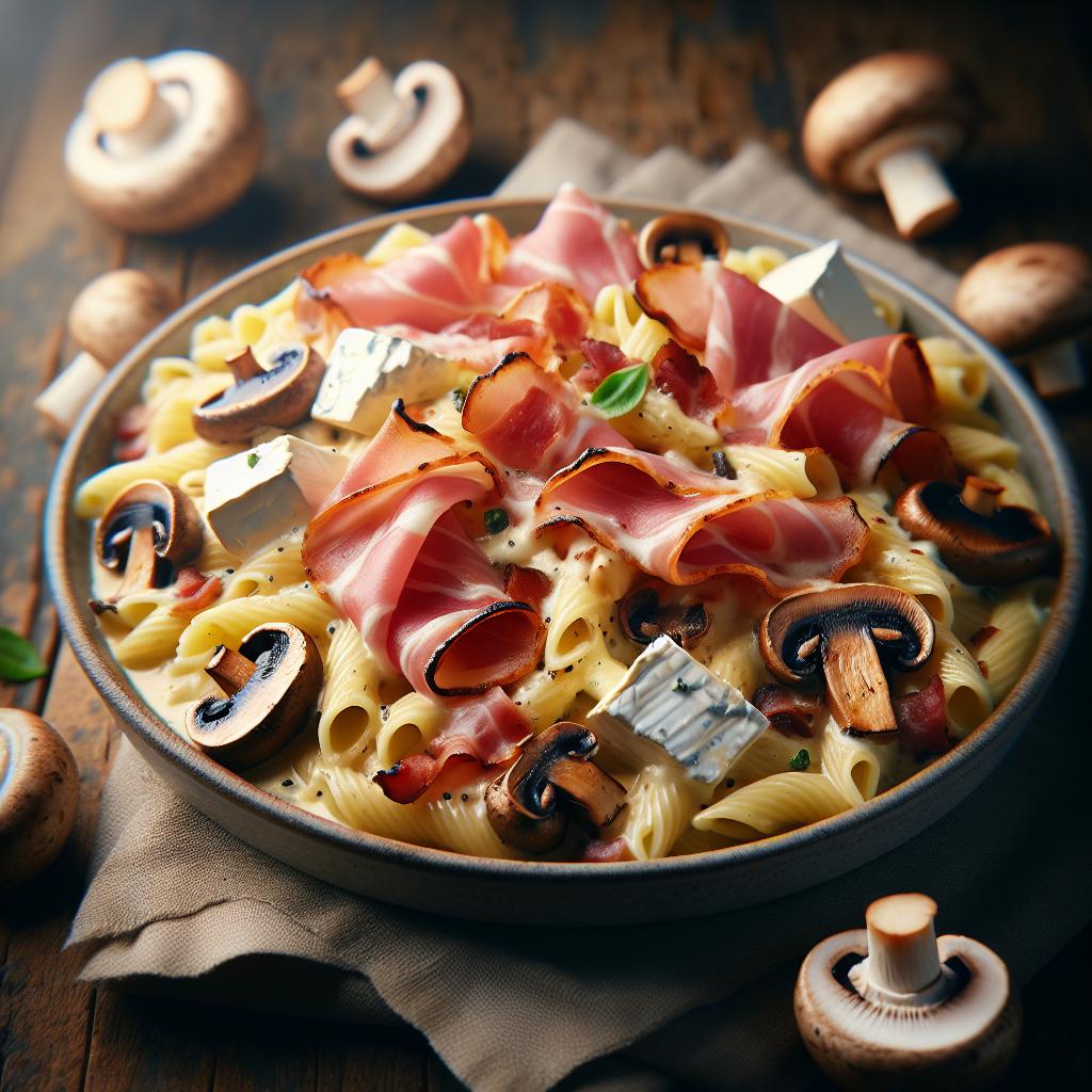 Pasta cremosa funghi, speck e brie