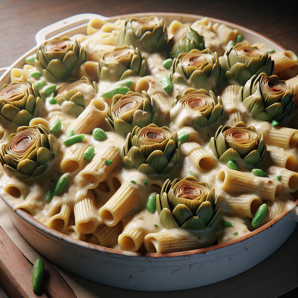 Pasta de legumbres con crema de queso y alcachofas