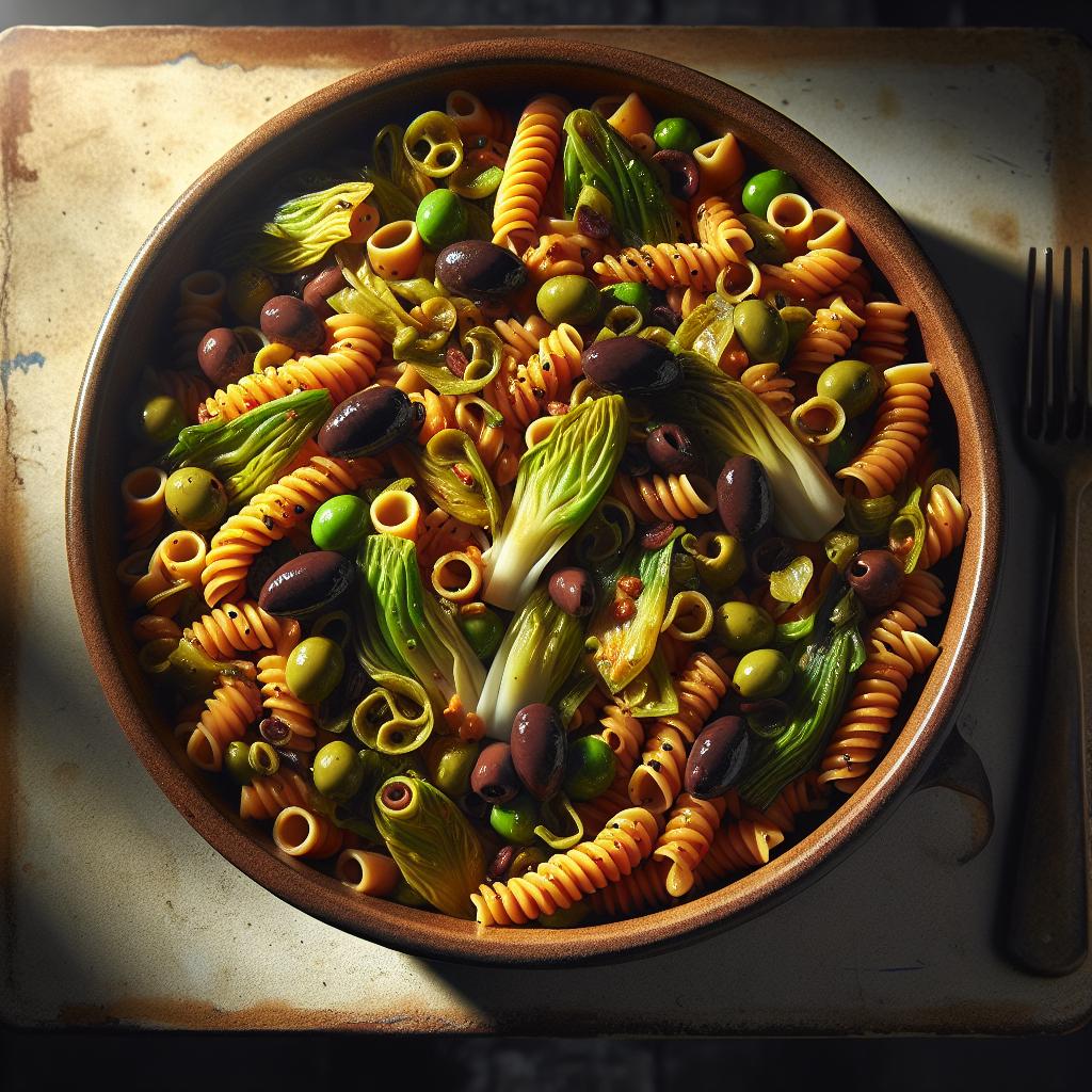 Pasta de legumbres con escarolas y aceitunas