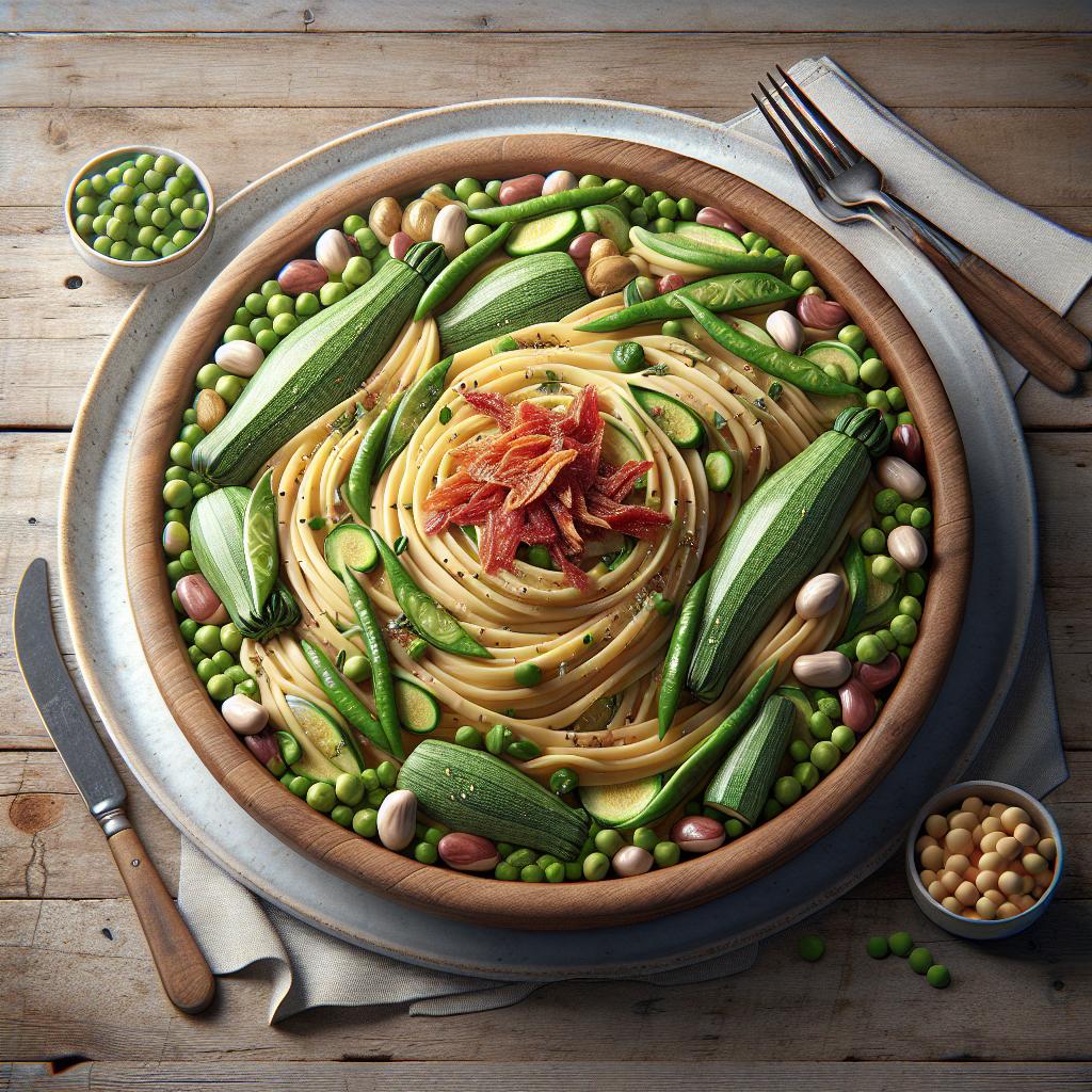 Pasta con habas, calabacines y bottarga