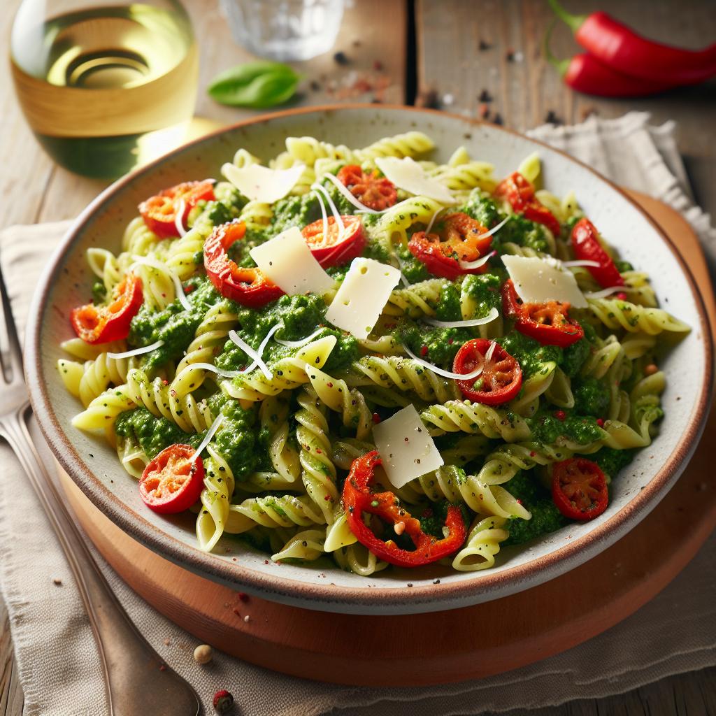 Pasta fría al pesto de pimientos y caciocavallo