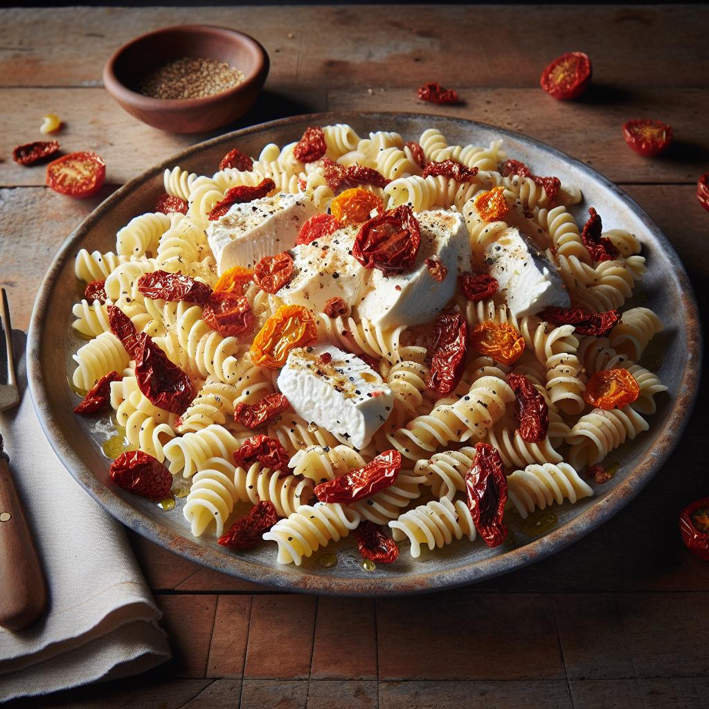 Pasta fría con burrata y tomates cherry secos