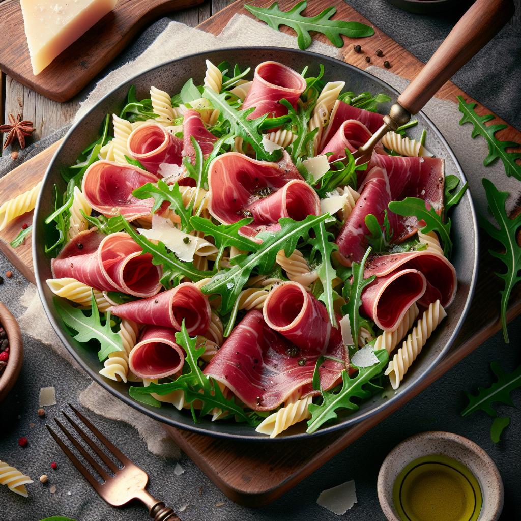 Pasta fría con bresaola y rúcula