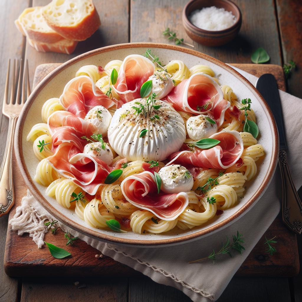Pasta fría con burrata, prosciutto y orégano