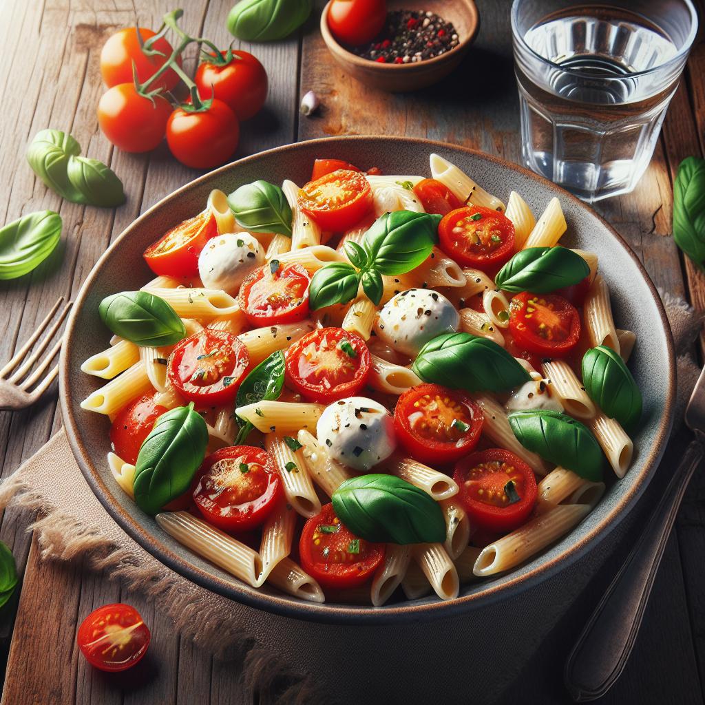 Pasta Fría con Tomates, Mozzarella y Albahaca