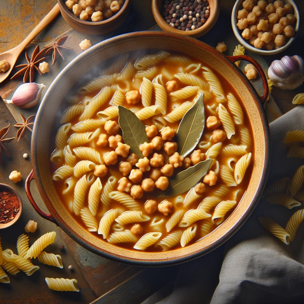 Pasta en sopa de garbanzos, laurel y ajo rojo