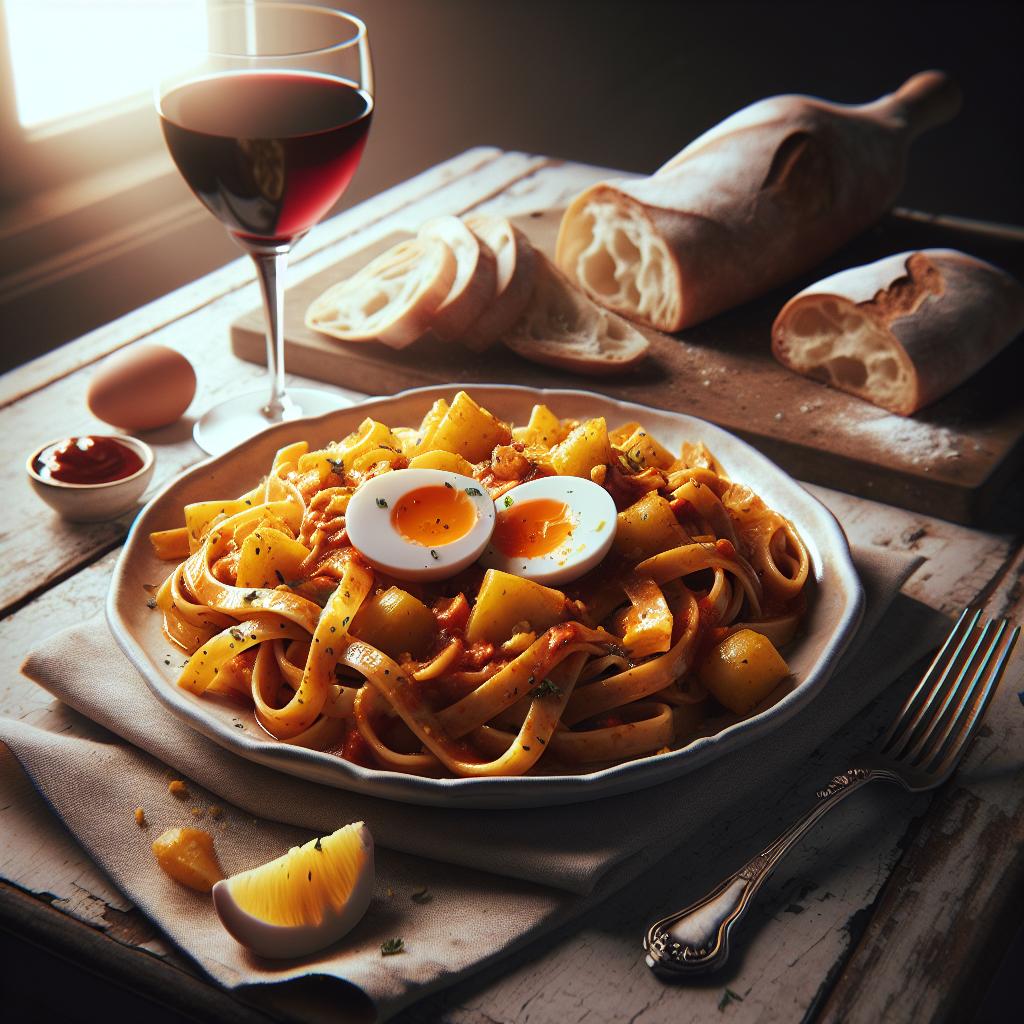Pasta con patatas y huevos