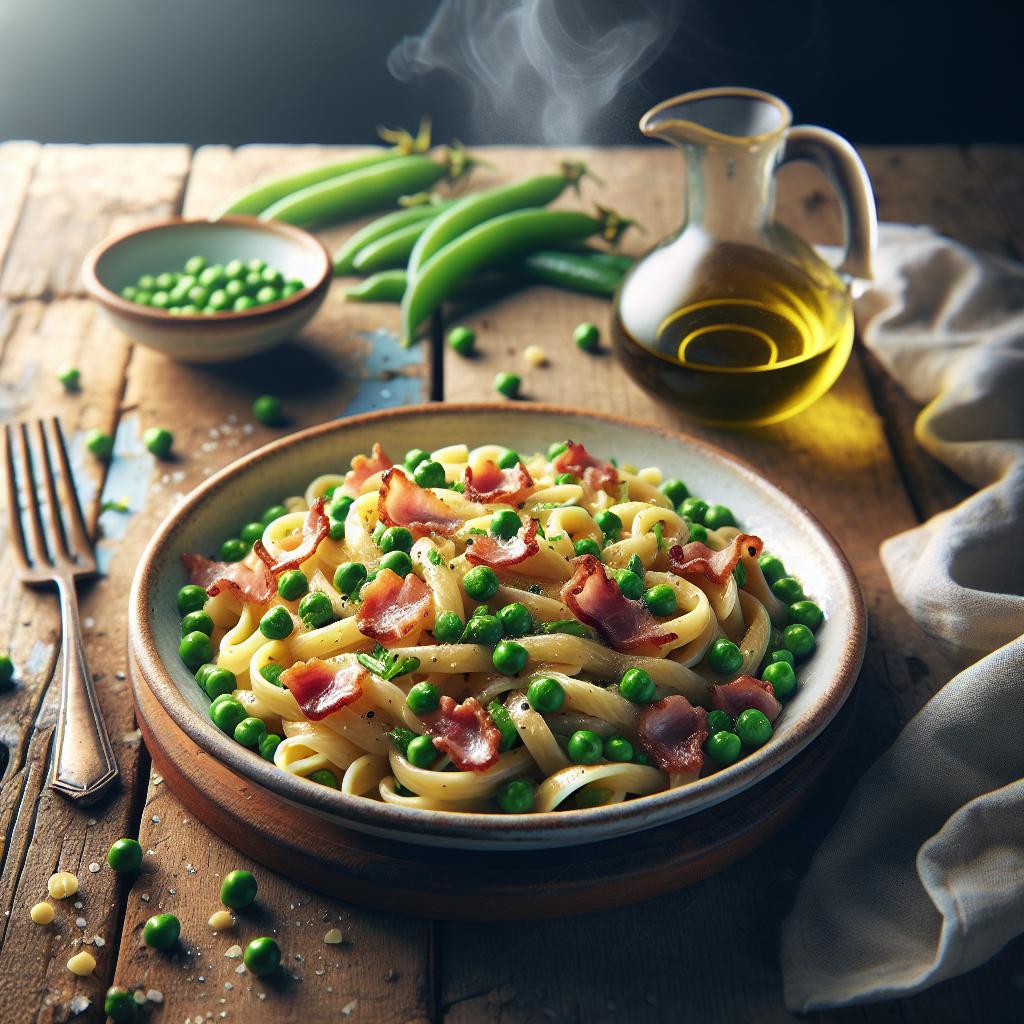 Pasta con guisantes y panceta