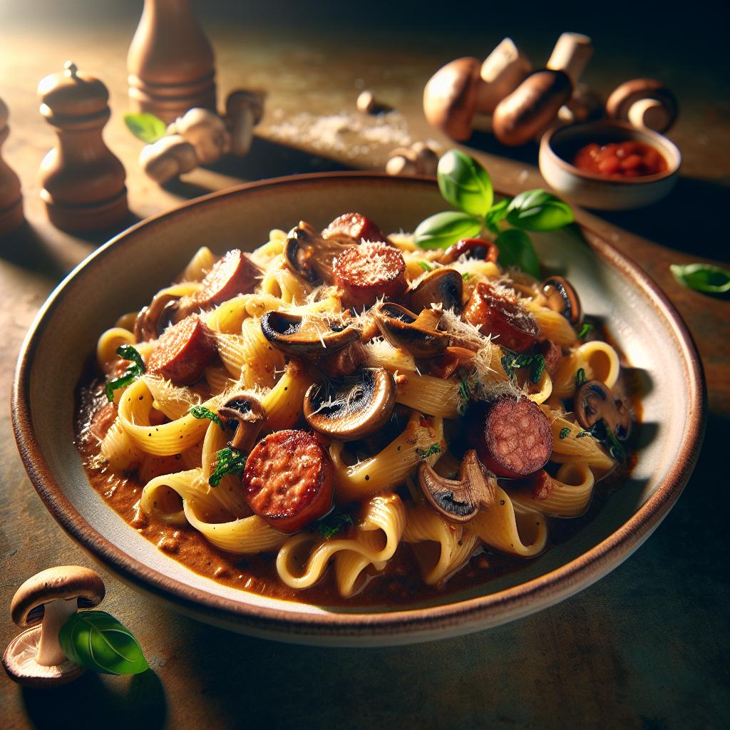 Pasta con porcini y salchicha