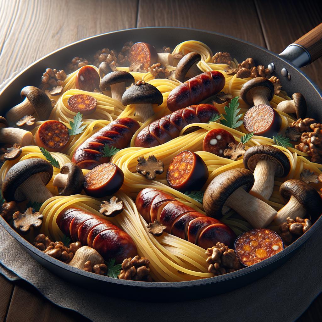 Pasta con porcini, salchicha y castañas desmenuzadas
