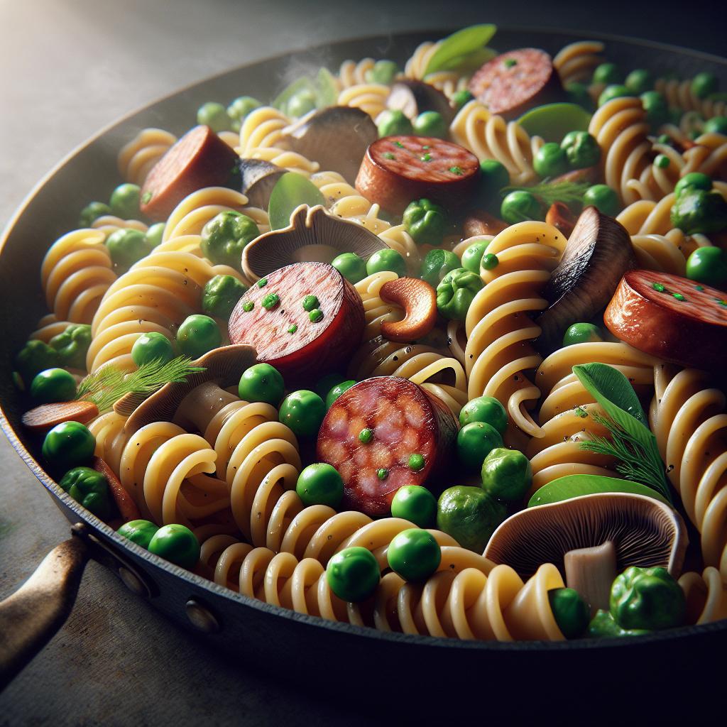 Pasta con salchicha, guisantes y setas