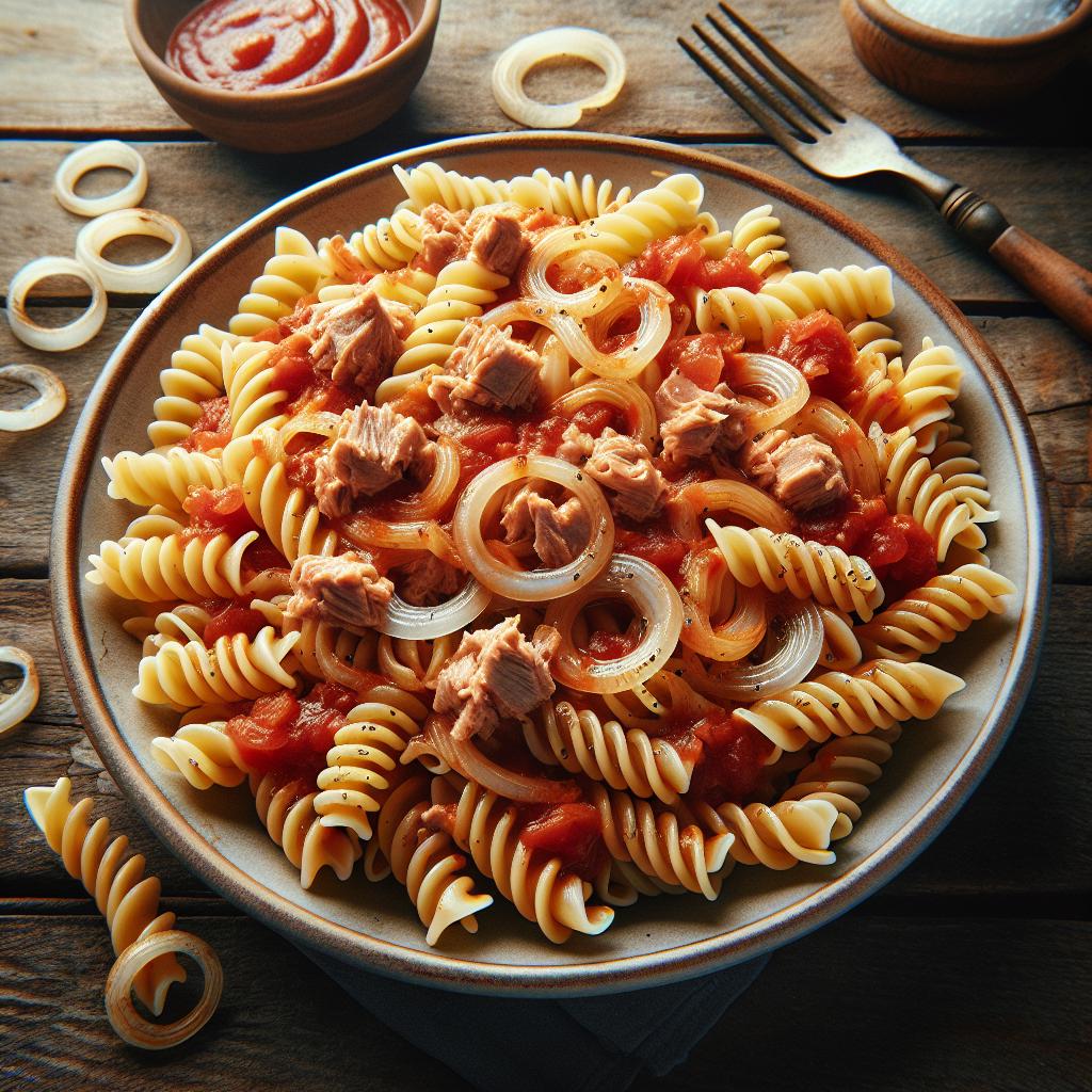 Pasta con atún y cebollas