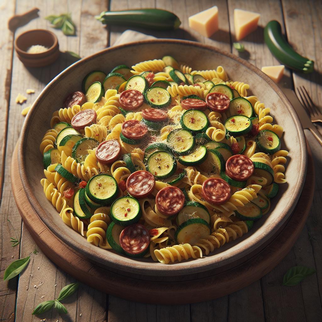 Pasta con calabacines y salchicha