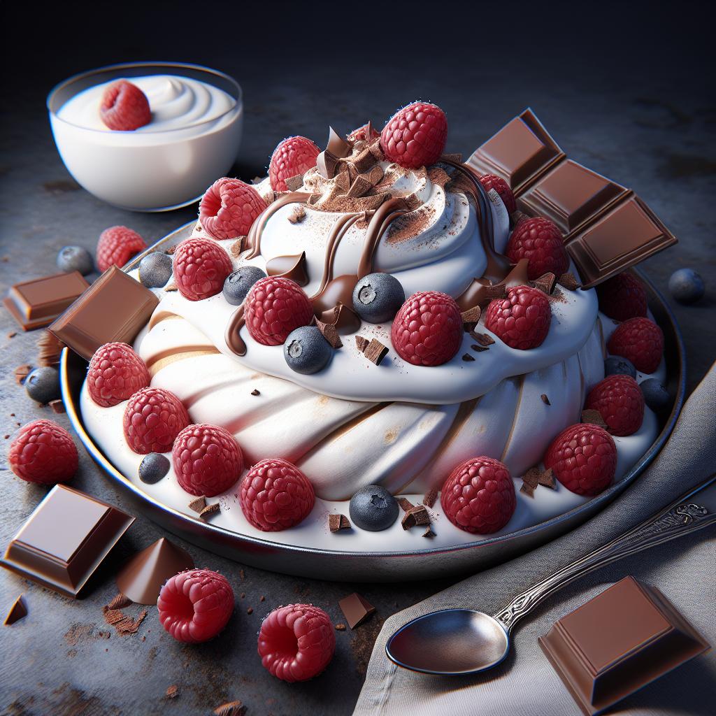 Pavlova de yogur, frambuesas y chocolate
