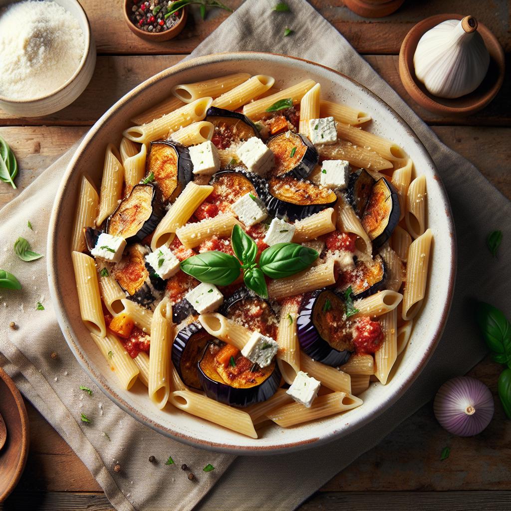Penne a la siciliana con berenjenas y ricotta salata