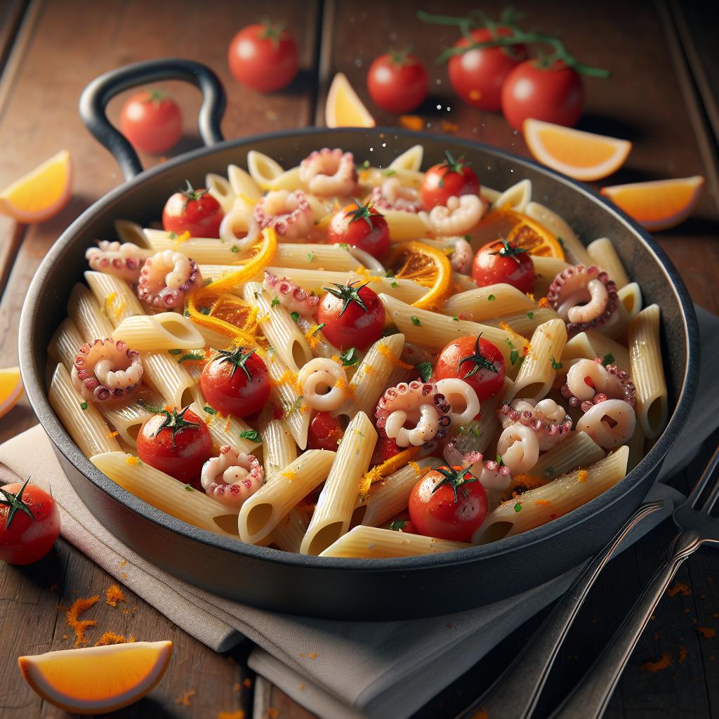 Penne con calamares, tomates cherry y naranja