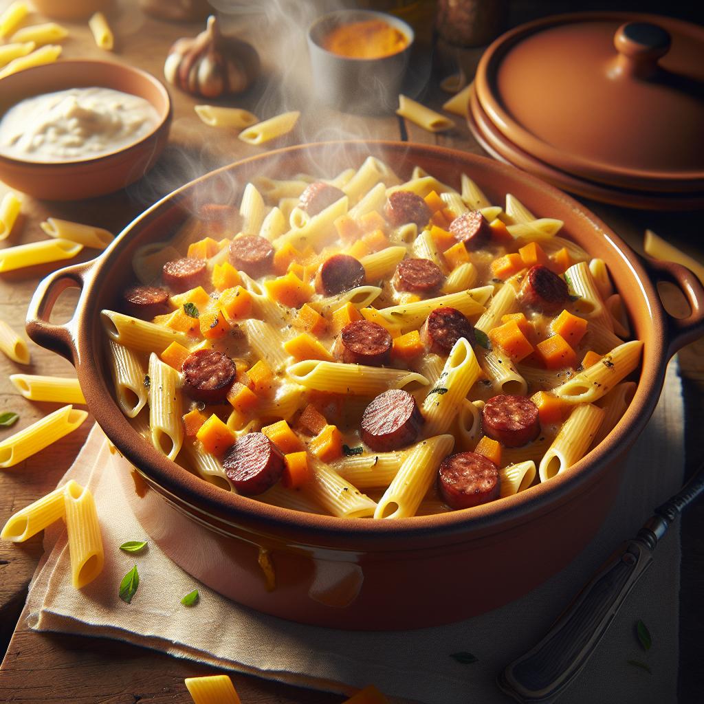 Penne con Crema de Calabaza y Salchicha