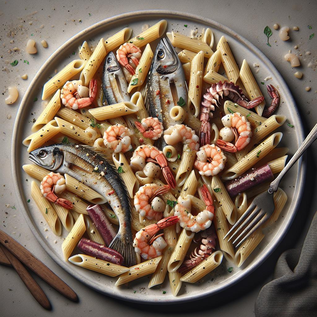 Penne con perca, calamares y gambas