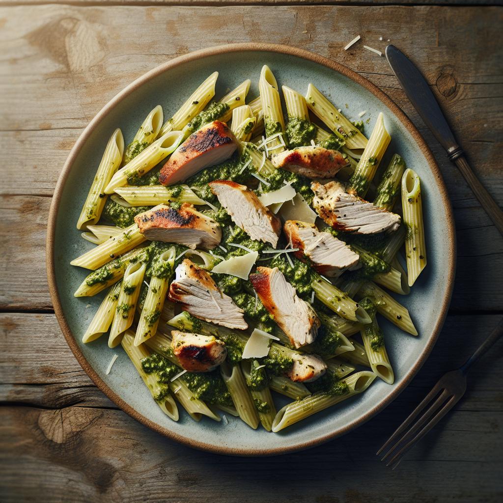 Penne con pesto y migas de pollo