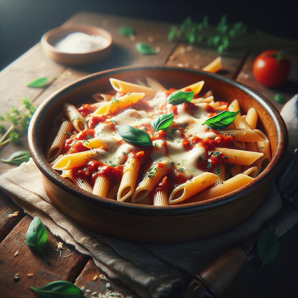 Penne con tomate, mozzarella y orégano