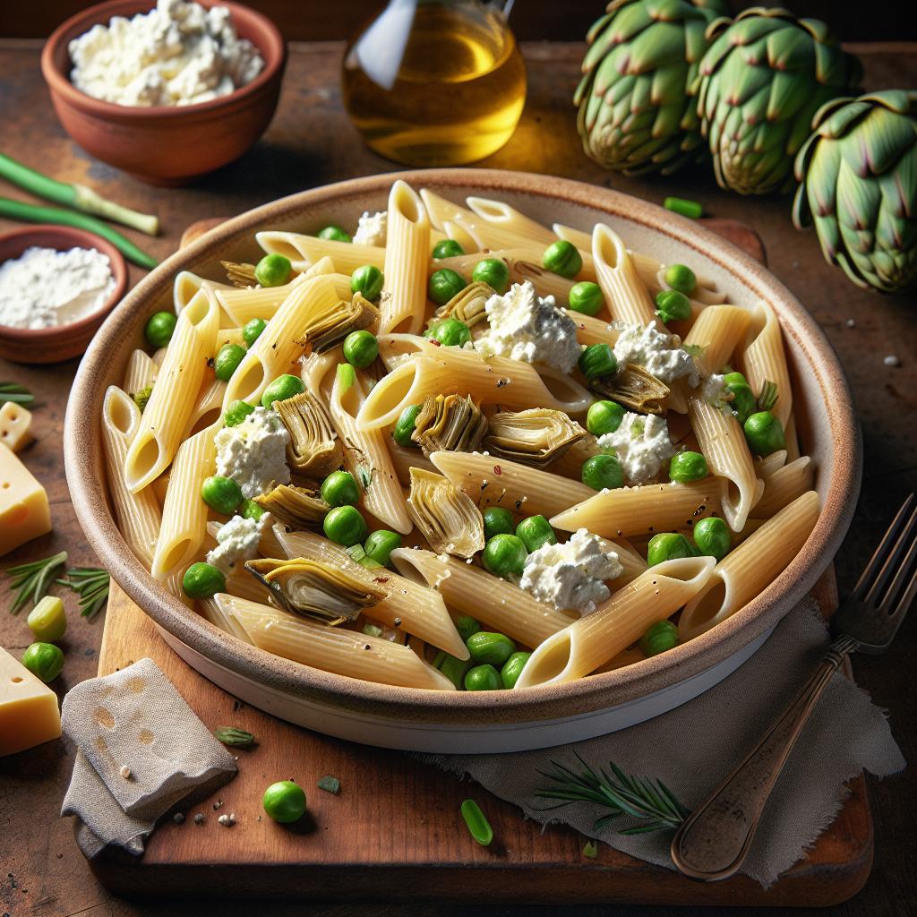 Penne de legumbres con ricotta y alcachofas