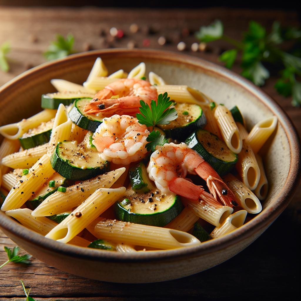 Penne con calabacines y gambas