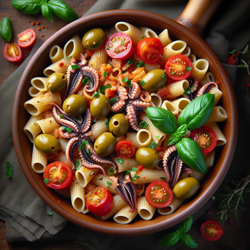 Pennette con sepias, aceitunas y tomate