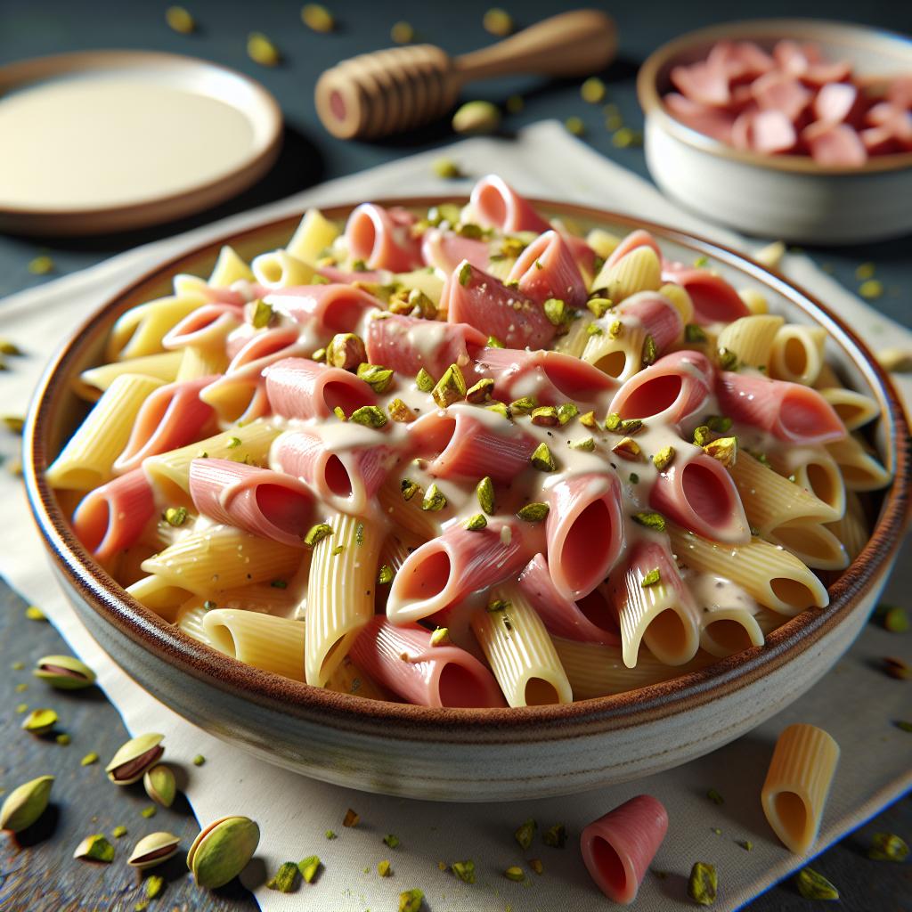 Pennette cremosas con mortadela y pistachos