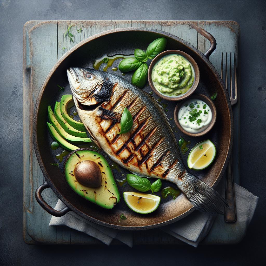 Pescado a la parrilla con salsa de skyr y aguacate