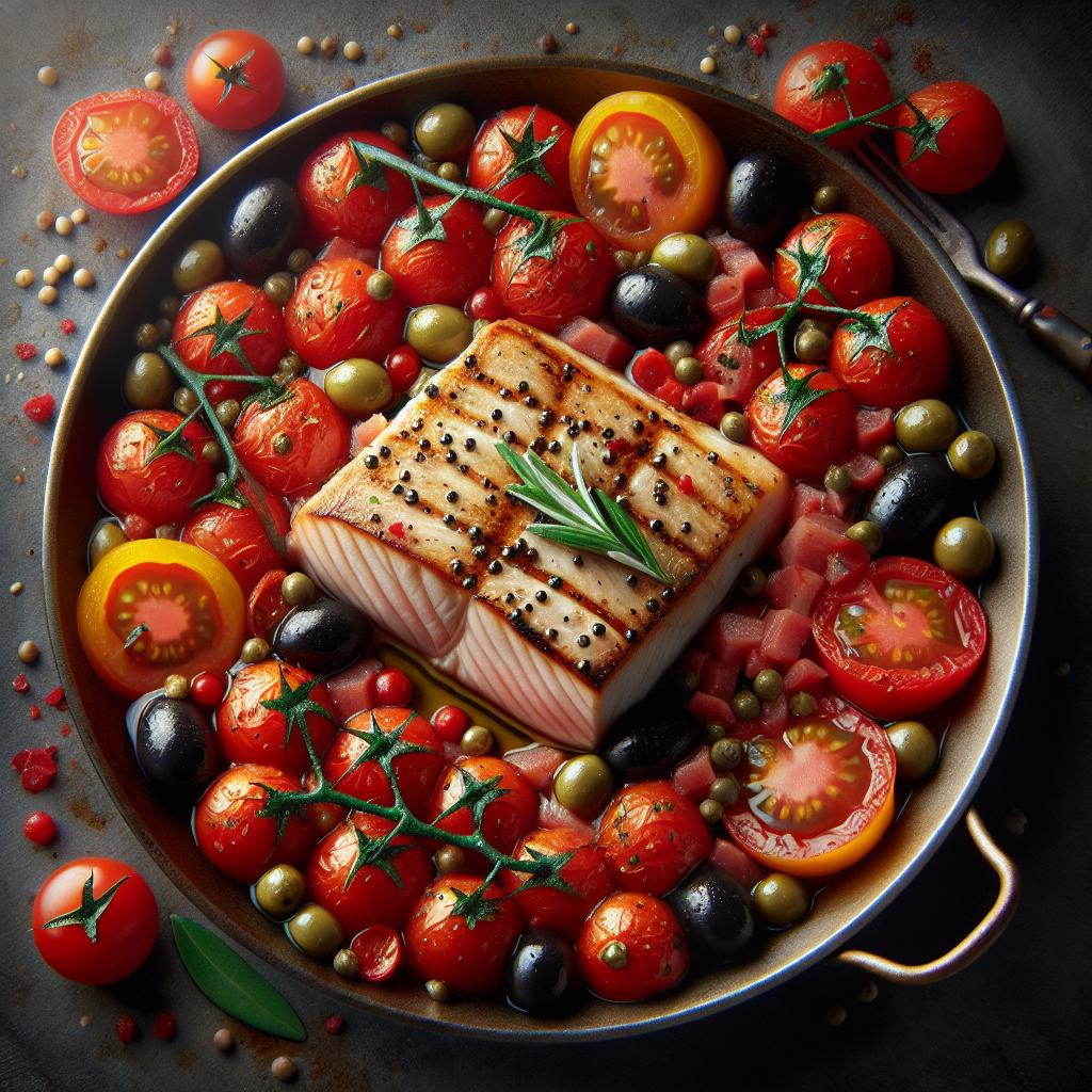 Pez espada con tomates pachino, alcaparras y aceitunas