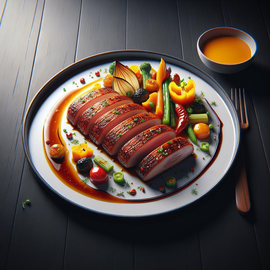 Pechuga de pato marinada con verduras