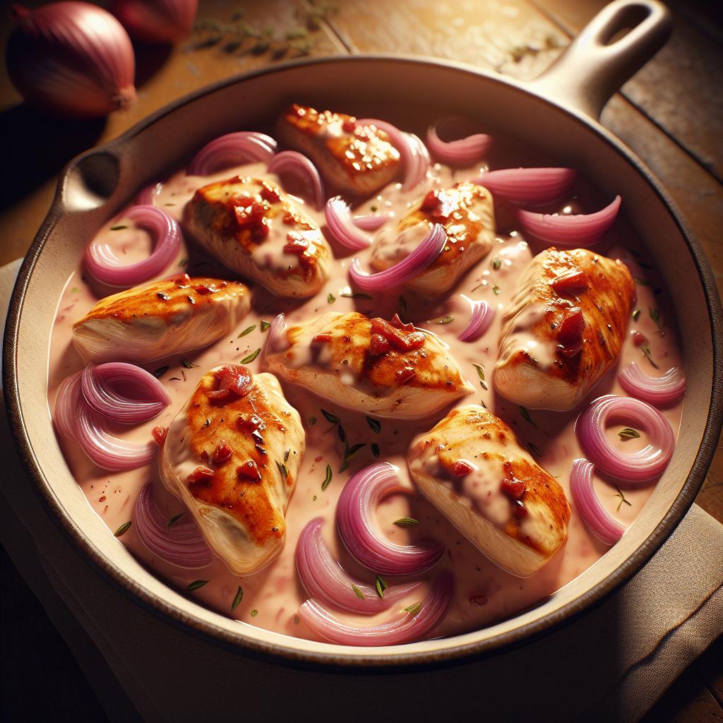 Pecho de pollo cremoso con cebollas rojas