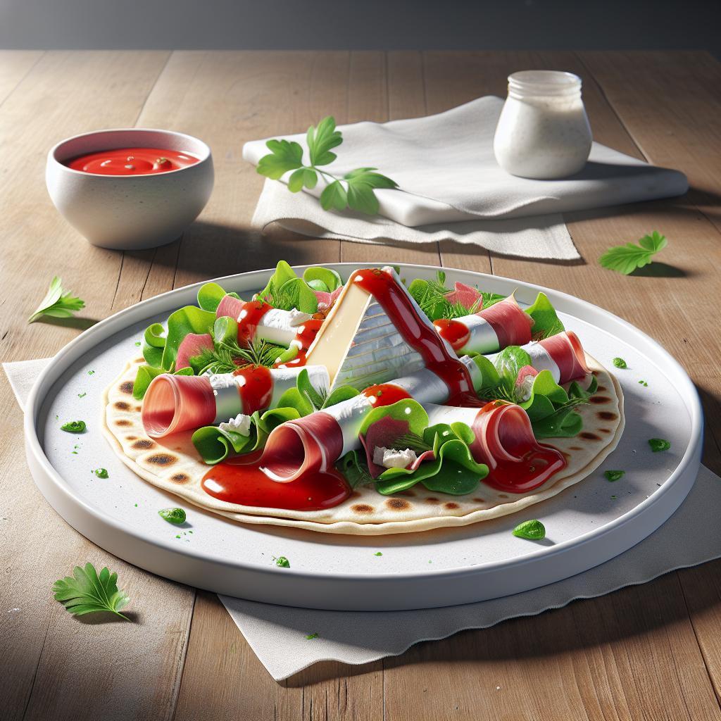 Piadina con crudo, brie, ensalada y salsa cóctel