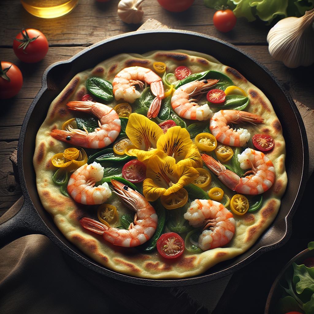 Piadina con gambas, flores de calabacín y ensalada