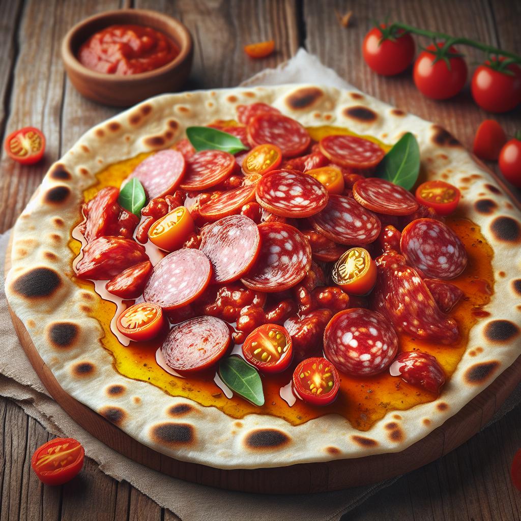Piadina con 'nduja, salchicha y tomates cherry